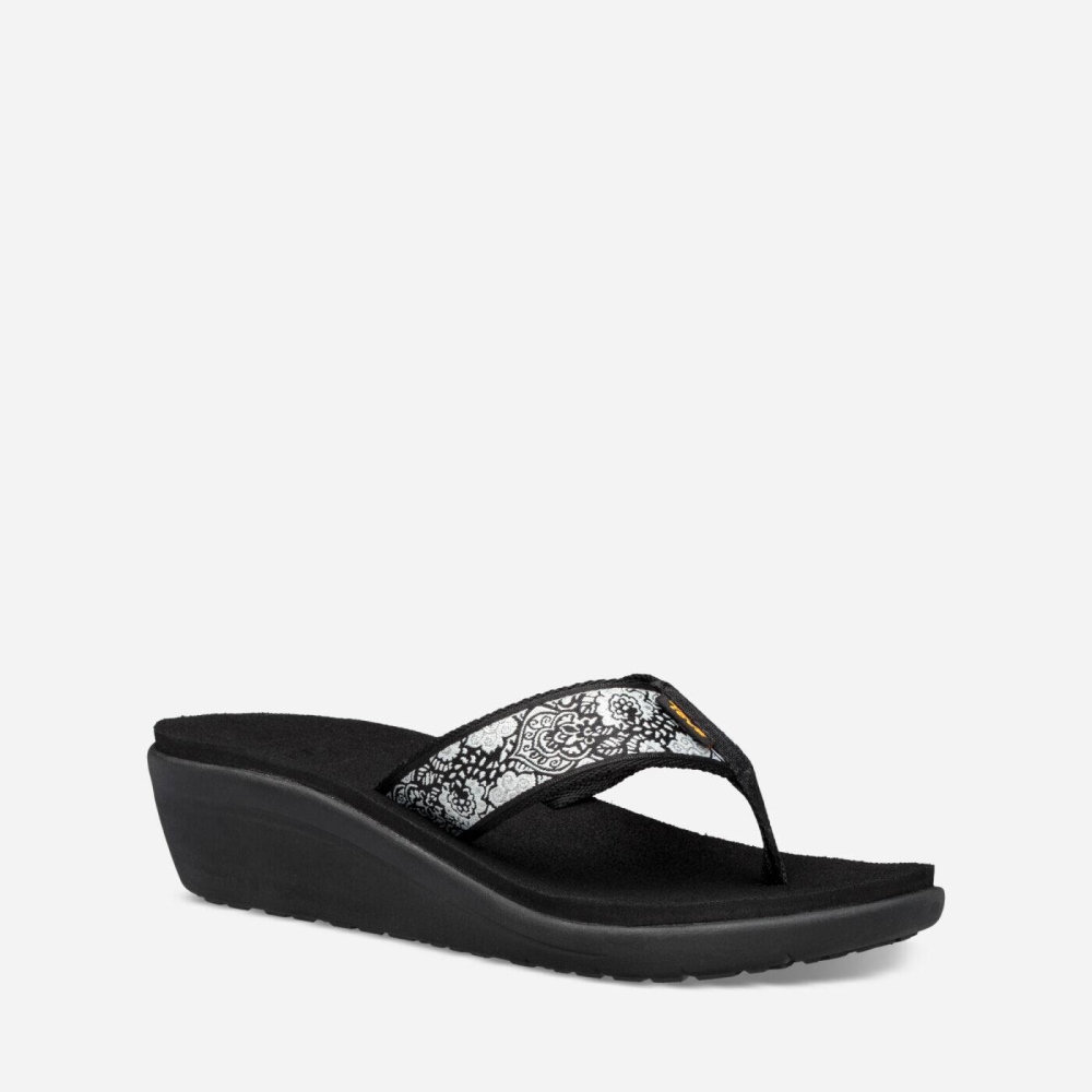 Black White Women's Teva Voya Wedge Flip Flops | 610-QSDFWH