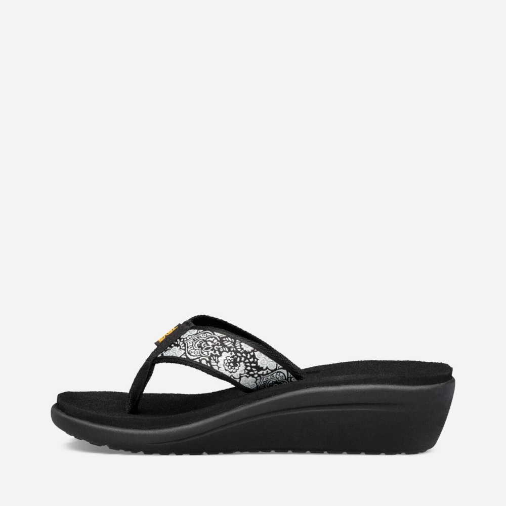 Black White Women's Teva Voya Wedge Flip Flops | 610-QSDFWH