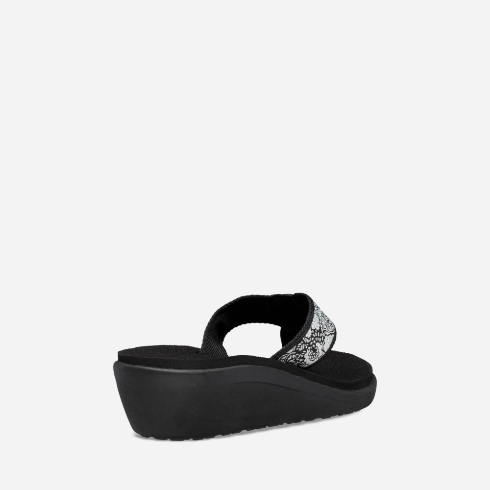 Black White Women's Teva Voya Wedge Flip Flops | 610-QSDFWH