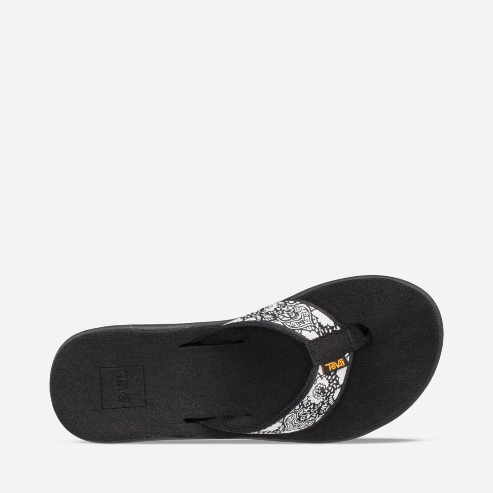 Black White Women's Teva Voya Wedge Flip Flops | 610-QSDFWH