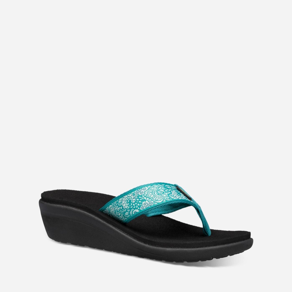 Turquoise Black Women's Teva Voya Wedge Flip Flops | 016-RYMIWC