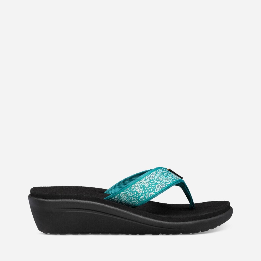 Turquoise Black Women\'s Teva Voya Wedge Flip Flops | 016-RYMIWC