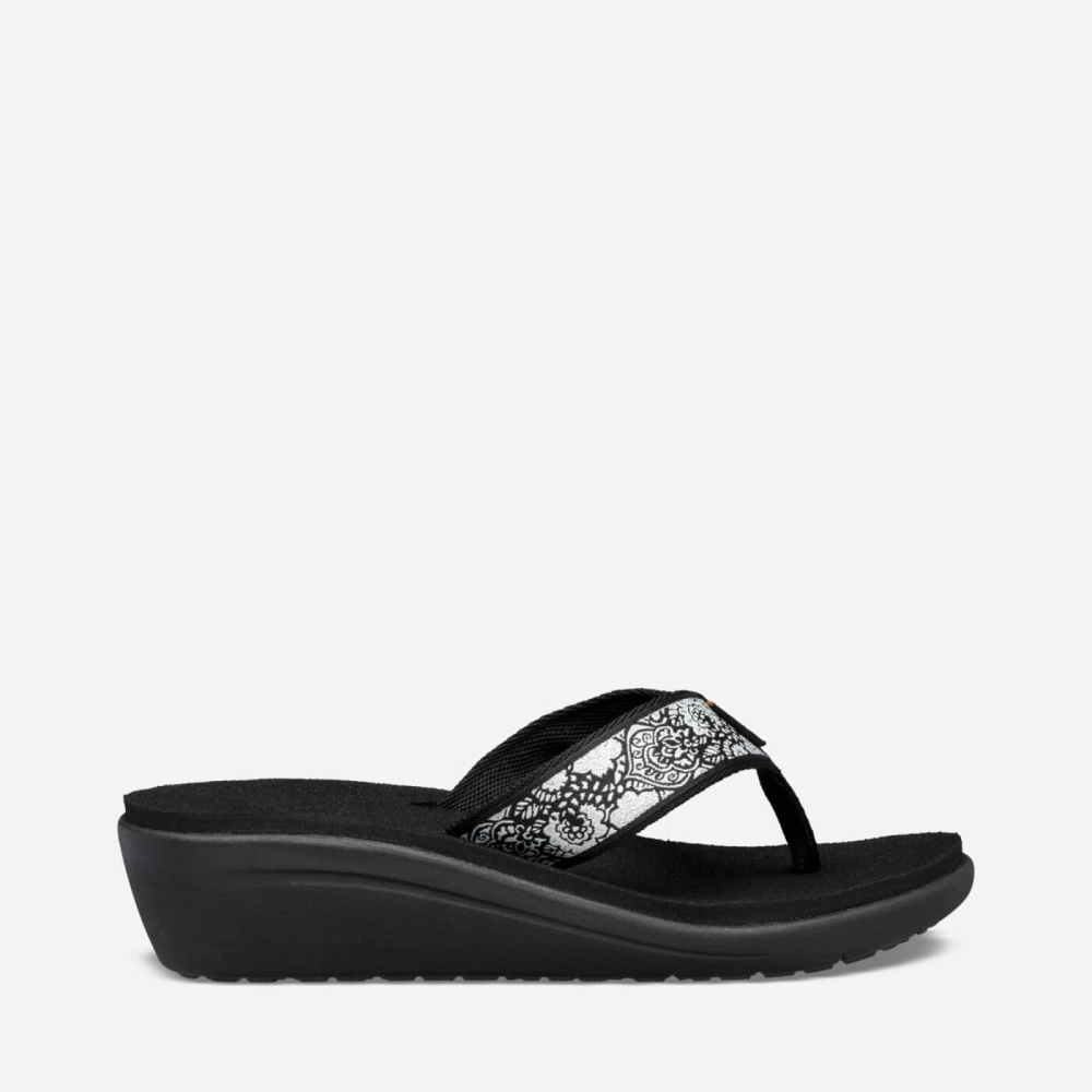 Black White Women's Teva Voya Wedge Sandals | 123-TKPEWI